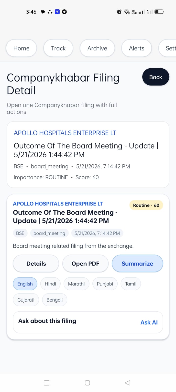 Filing Detail screen in Company Khabar app