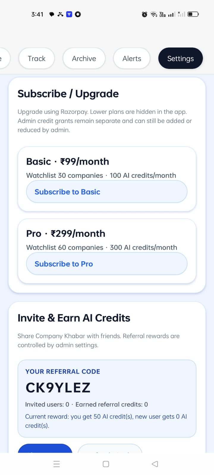 Pricing screen in Company Khabar app