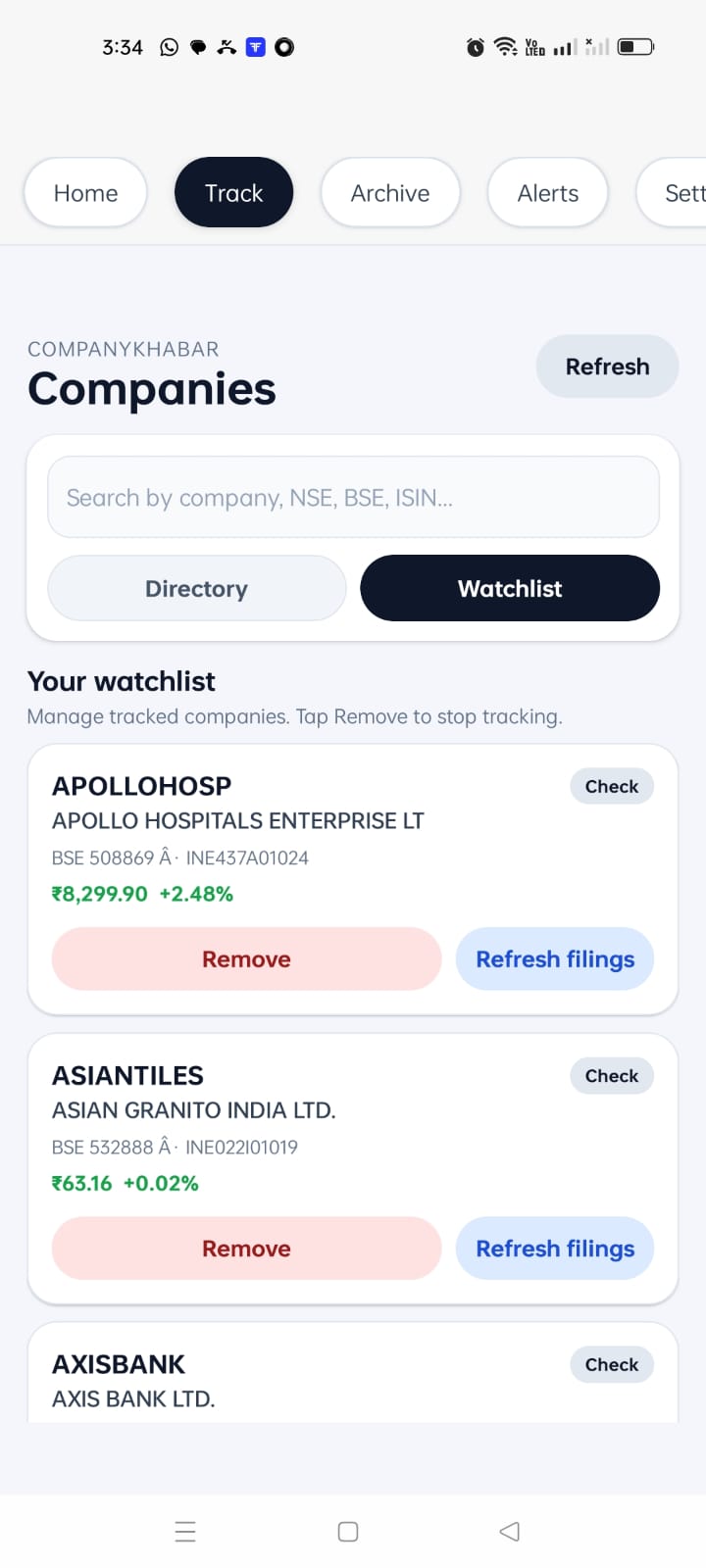 Watchlist screen in Company Khabar app